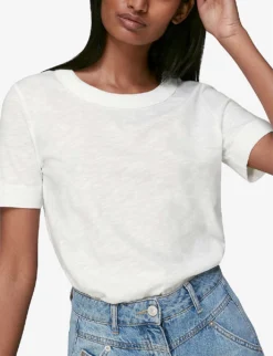 Whistles Rosa Double-trim Cotton-jersey T-shirt -Reiss Shop 501 10019 30980 WHITE ALT03