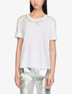 Sandro Rhinestone-embellished Cotton T-shirt -Reiss Shop R00059640 NATURELS ALT02