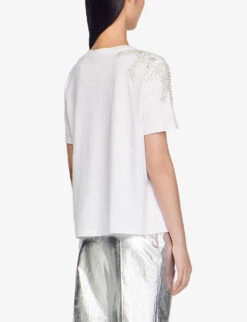 Sandro Rhinestone-embellished Cotton T-shirt -Reiss Shop R00059640 NATURELS ALT03