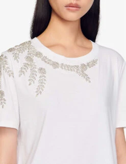 Sandro Rhinestone-embellished Cotton T-shirt -Reiss Shop R00059640 NATURELS ALT04