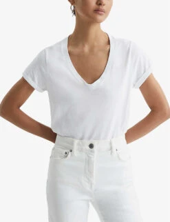 Reiss Luana V-neck Cotton-jersey T-shirt -Reiss Shop R03925919 WHITE ALT02