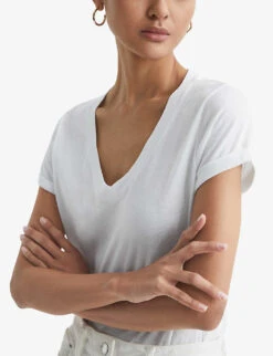 Reiss Luana V-neck Cotton-jersey T-shirt -Reiss Shop R03925919 WHITE ALT04