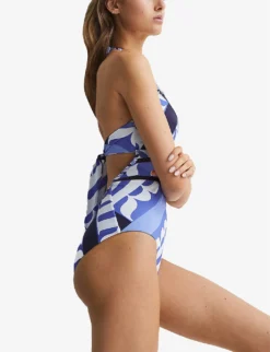 Reiss Gia Graphic-print Halterneck Stretch-woven Swimsuit -Reiss Shop R04001924 BLUEPRINT ALT02