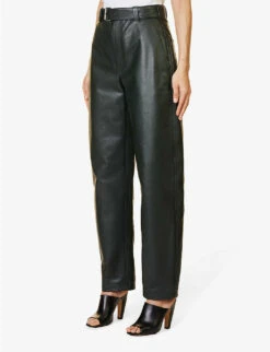 Bottega Veneta Tapered Wide-leg Mid-rise Leather Trousers -Reiss Shop R04064597 DARKGREEN ALT02