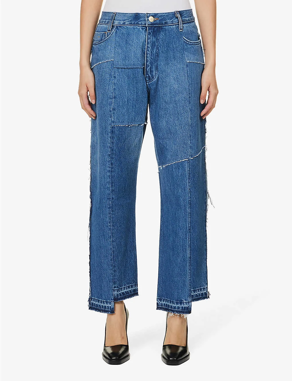 Patchwork-panel Faded-wash Wide-leg High-rise Jeans 3 Patchwork-panel Faded-wash Wide-leg High-rise Jeans - Image 3