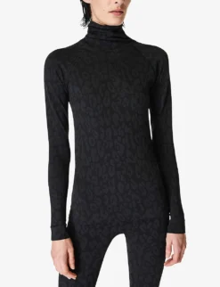 Sweaty Betty High-neck Leopard-jacquard Stretch-woven Top -Reiss Shop R04074778 BLACKLEOPARDPAINT ALT02
