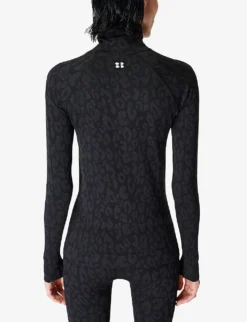 Sweaty Betty High-neck Leopard-jacquard Stretch-woven Top -Reiss Shop R04074778 BLACKLEOPARDPAINT ALT03