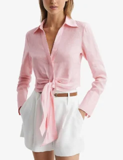 Reiss Dahlia Point-collar Tie-waist Linen Shirt 6 Reiss Dahlia Point-collar Tie-waist Linen Shirt -Reiss Shop R04082353 PINK ALT02