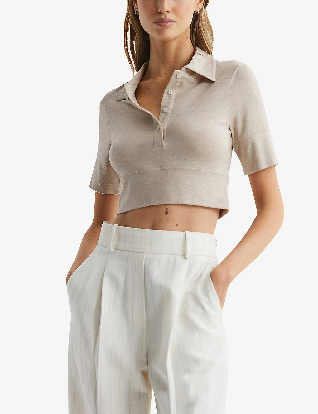 Reiss Eva Collared Cropped Stretch-knit Polo Top 3 Reiss Eva Collared Cropped Stretch-knit Polo Top - Image 3