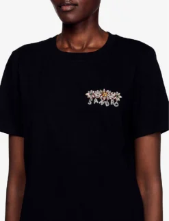 Sandro Logo Crystal-embellished Cotton T-shirt -Reiss Shop R04102642 NOIRGRIS ALT04