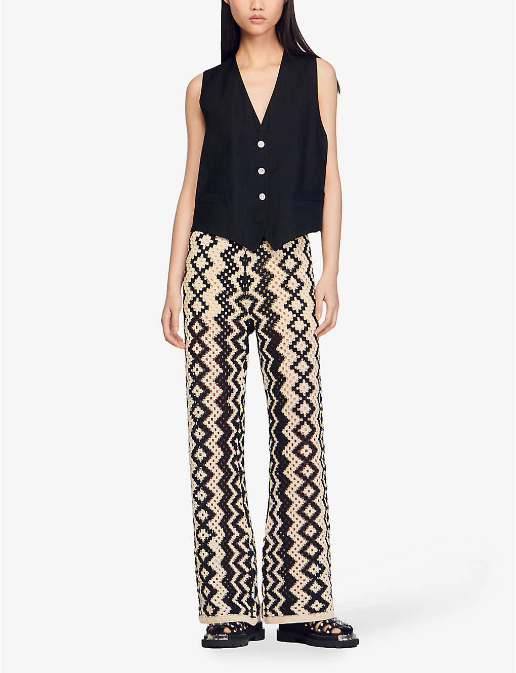 Sandro Geometric-print Straight-leg Mid-rise Cotton-blend Trousers 2 Sandro Geometric-print Straight-leg Mid-rise Cotton-blend Trousers - Image 2