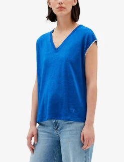 CLAUDIE PIERLOT Contrast Embroidered-trim Linen T-shirt 7 CLAUDIE PIERLOT Contrast Embroidered-trim Linen T-shirt -Reiss Shop R04103524 BLEUS ALT02