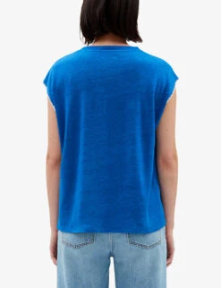 CLAUDIE PIERLOT Contrast Embroidered-trim Linen T-shirt 8 CLAUDIE PIERLOT Contrast Embroidered-trim Linen T-shirt -Reiss Shop R04103524 BLEUS ALT03