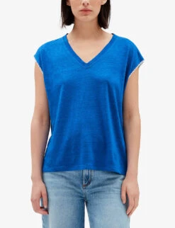 CLAUDIE PIERLOT Contrast Embroidered-trim Linen T-shirt 9 CLAUDIE PIERLOT Contrast Embroidered-trim Linen T-shirt -Reiss Shop R04103524 BLEUS ALT04