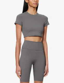 Fitted Cropped Stretch-woven T-shirt 7 Fitted Cropped Stretch-woven T-shirt -Reiss Shop R04104648 DARKGREY ALT02