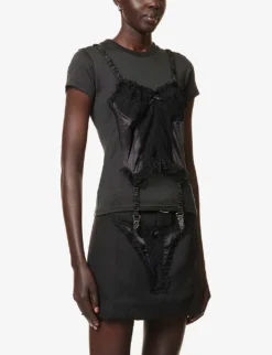 Corset-appliqué Scoop-neck Woven T-shirt -Reiss Shop R04123229 BLACK ALT02