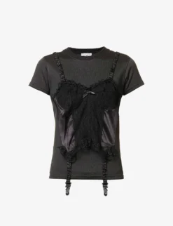 Corset-appliqué Scoop-neck Woven T-shirt