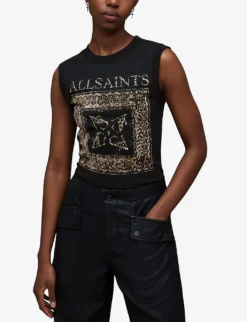 AllSaints Imogen Branded-print Cotton-jersey Top -Reiss Shop R04134784 BLACK ALT02