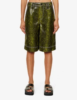 Ganni Snake-print Wide-leg Faux-leather Shorts -Reiss Shop R04152927 SPINACHGREEN ALT02