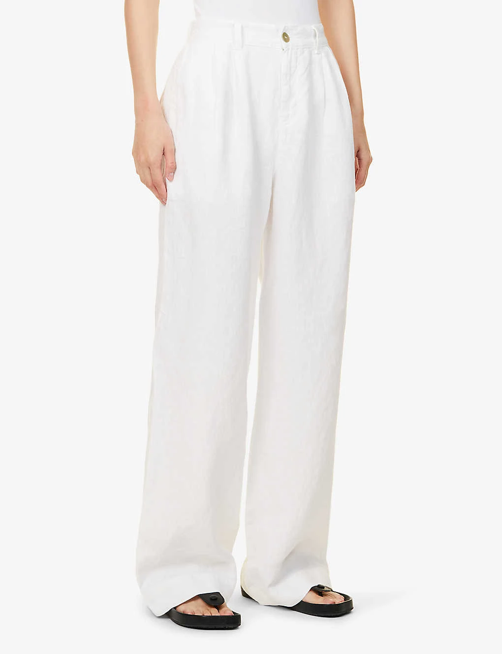 Pleated Elasticated-waist Wide-leg Mid-rise Linen Trousers 3 Pleated Elasticated-waist Wide-leg Mid-rise Linen Trousers - Image 3
