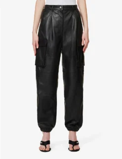 MOSCHINO Patch-pocket Tapered-leg Mid-rise Leather Trousers 7 MOSCHINO Patch-pocket Tapered-leg Mid-rise Leather Trousers -Reiss Shop R04162988 BLACK ALT02