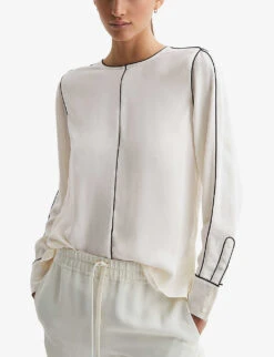 Reiss Estella Contrast-tip Long-sleeve Stretch-woven Blouse 7 Reiss Estella Contrast-tip Long-sleeve Stretch-woven Blouse -Reiss Shop R04169209 CREAM ALT02