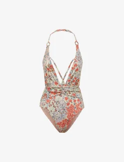 Reiss Isla Floral-print Plunge-neck Swimsuit