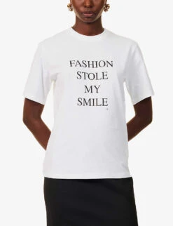 Victoria Beckham Fashion Stole My Smile Slogan-print Organic Cotton-jersey T-shirt -Reiss Shop R04180530 WHITE ALT02