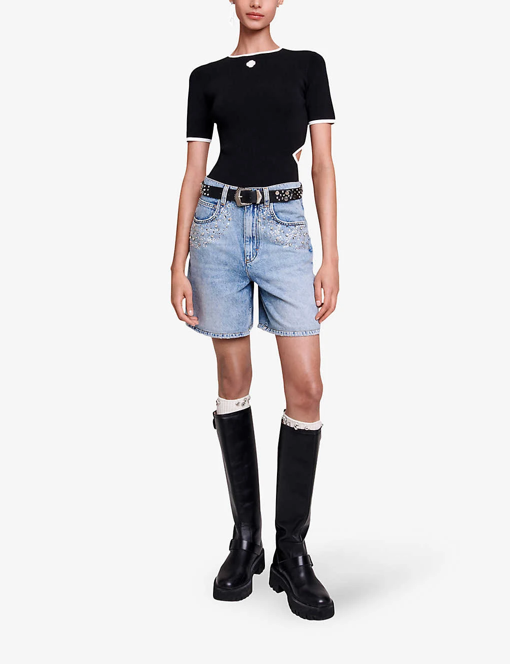 Maje Ietoile Rhinestone-embellished Flared Denim Shorts 2 Maje Ietoile Rhinestone-embellished Flared Denim Shorts - Image 2