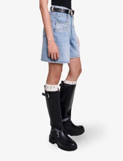 Maje Ietoile Rhinestone-embellished Flared Denim Shorts 7 Maje Ietoile Rhinestone-embellished Flared Denim Shorts -Reiss Shop R04190247 BLEUS ALT02