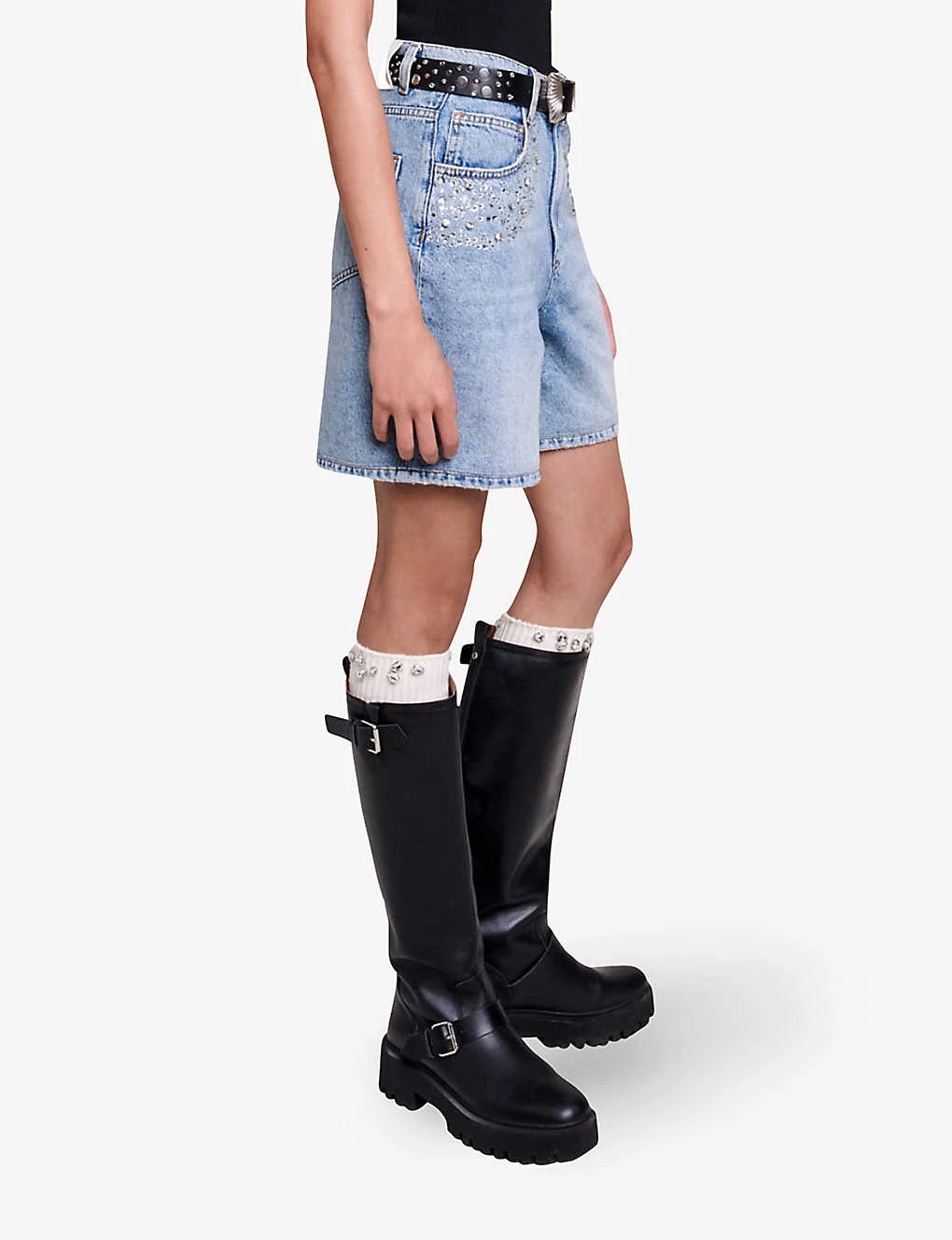 Maje Ietoile Rhinestone-embellished Flared Denim Shorts 3 Maje Ietoile Rhinestone-embellished Flared Denim Shorts - Image 3