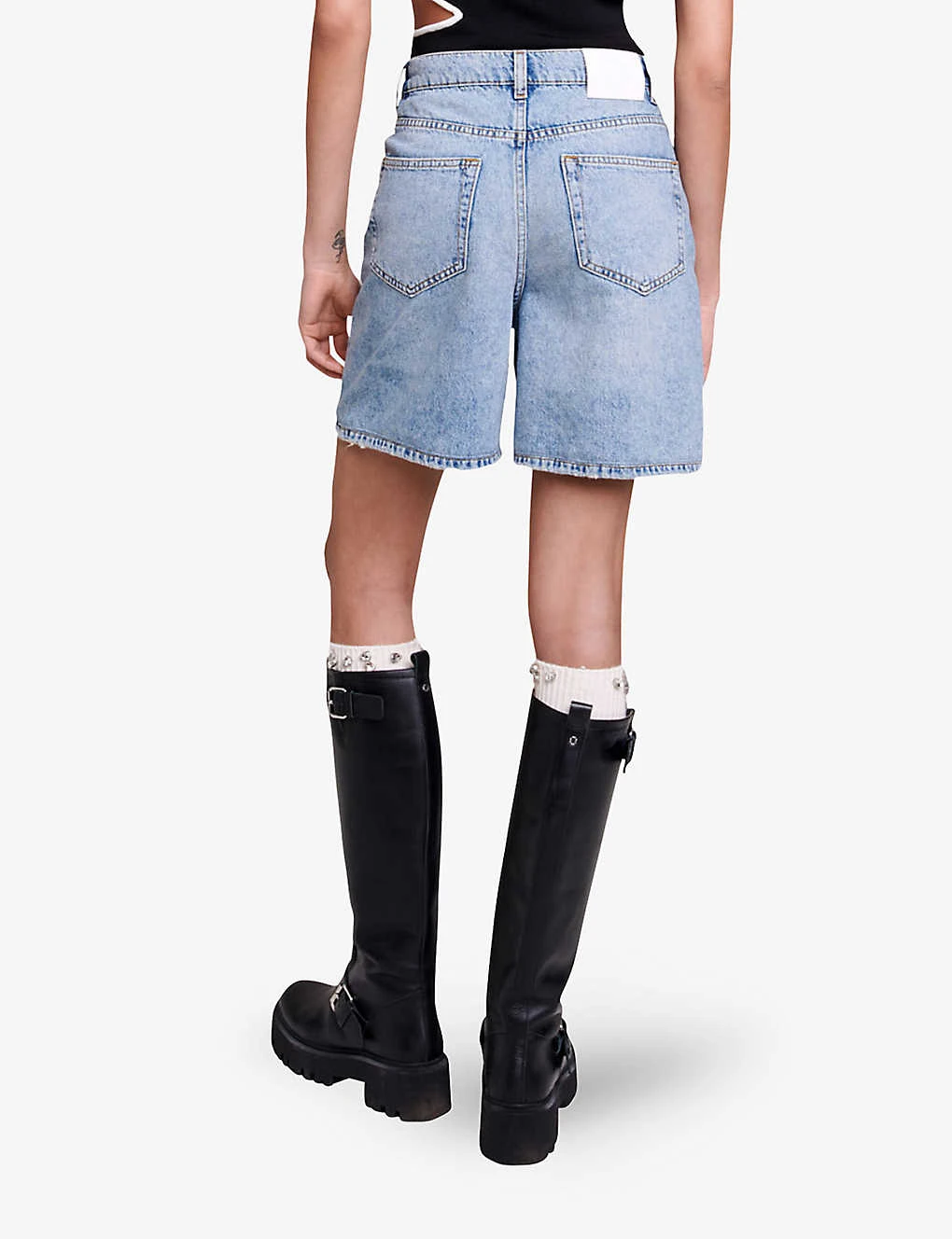 Maje Ietoile Rhinestone-embellished Flared Denim Shorts 4 Maje Ietoile Rhinestone-embellished Flared Denim Shorts - Image 4