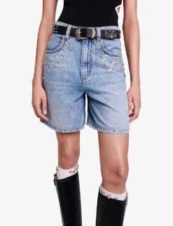 Maje Ietoile Rhinestone-embellished Flared Denim Shorts 9 Maje Ietoile Rhinestone-embellished Flared Denim Shorts -Reiss Shop R04190247 BLEUS ALT04