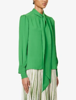 ME AND EM Shirred-trim Self-tie Silk Blouse -Reiss Shop R04194877 RAINFORESTGREEN ALT02