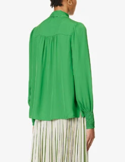 ME AND EM Shirred-trim Self-tie Silk Blouse -Reiss Shop R04194877 RAINFORESTGREEN ALT03