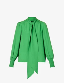 ME AND EM Shirred-trim Self-tie Silk Blouse