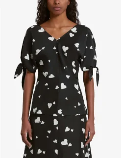 Marni Heart-print Bow-sleeve Silk Top -Reiss Shop R04196575 BLACK ALT02