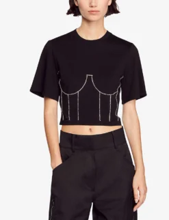 Sandro Rhinestone-applique Bustier Cotton T-shirt -Reiss Shop R04197710 NOIRGRIS ALT02