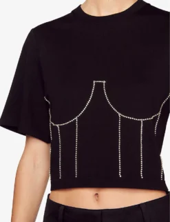 Sandro Rhinestone-applique Bustier Cotton T-shirt -Reiss Shop R04197710 NOIRGRIS ALT04
