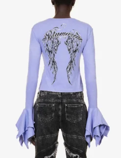 Blumarine Brand-print Ruffled-cuff Slim-fit Cotton-jersey T-shirt -Reiss Shop R04199735 ULTRAVIOLETDAL ALT03