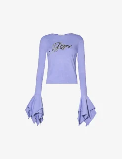 Blumarine Brand-print Ruffled-cuff Slim-fit Cotton-jersey T-shirt